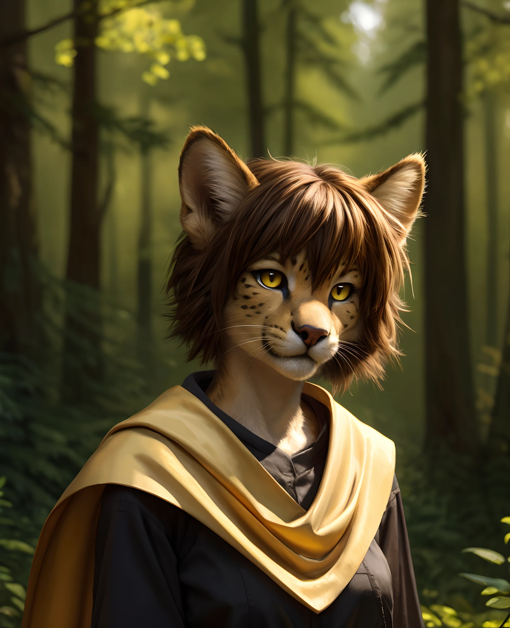 by kenket, by totesfleisch8, (by thebigslick, by silverfox5213:0.8), (by syuro:0.2), chee-riee,,  Madelyn , Madelyn Adelaide,  twokinds, (best quality, masterpiece:1), solo, furry female anthro, yellow eyes, short hair, light brown hair, portrait, finger claws, looking at viewer, tail, ear raised, (outdoors dark forest trees blurry blurred background:1.1), black shirt, yellow cape