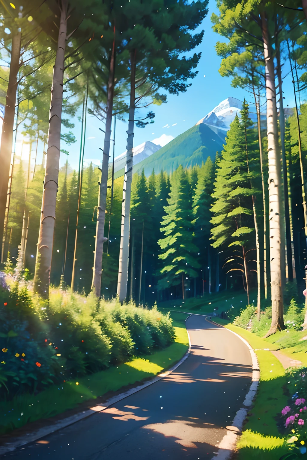 Mountain path, fir trees, birch trees, children playing, flowers, butterflies, flying birds, landscape, birds chirping, sunlight filtering through the trees, soft breeze, lush green foliage, sparkling water reflections, vibrant wildflowers, joyful laughter, carefree children's expressions, dynamic brushstrokes, mountain, harmonious composition.