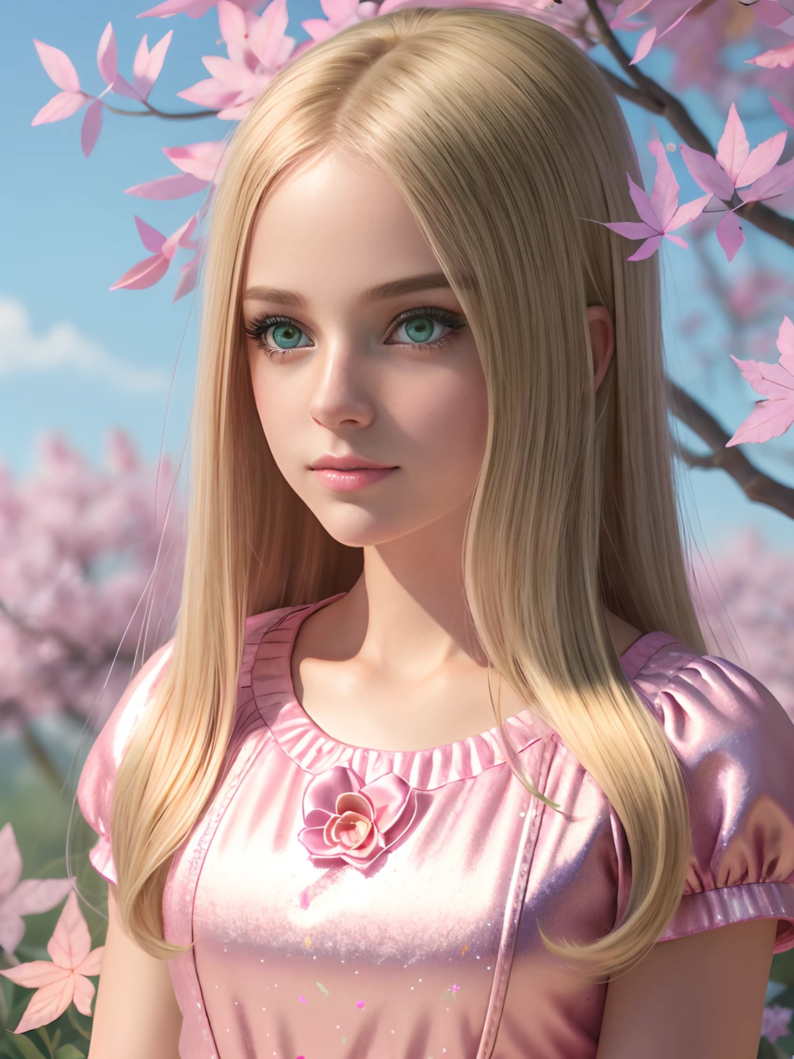 부드러운 금발 머리와 녹색 눈을 가진 미국 소녀가 카메라를 똑바로 바라보고 배경은 반짝임과 꽃과 잎으로 모두 분홍색입니다.. 4k 이미지 사실적 -- 8k 애니메이션 이미지