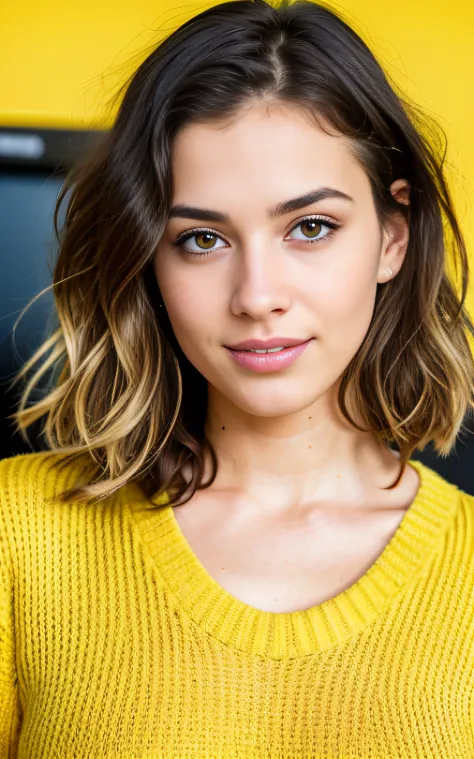 beautiful brunette wearing yellow sweater (talking on the phone in a studio in front of a completely yellow background), very detailed, 21 years old, innocent face, natural wavy hair, brown eyes, high resolution, masterpiece, best quality, intricate detail...