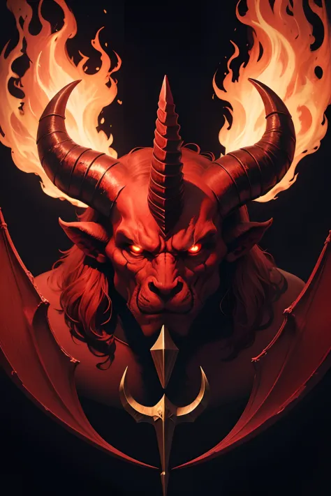 red devil with big horns holding a trident dark background with fire