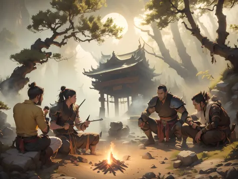 ( 4+ male adventurers sitting on a rock with a campfire: scout with spear, armored bushi, magical shugenja, tattoed monk), dynamic poses, horror, night, forest, Legend of five rings, cold aura, fogg, 32k, best quality, masterpiece, super detail, high detai...