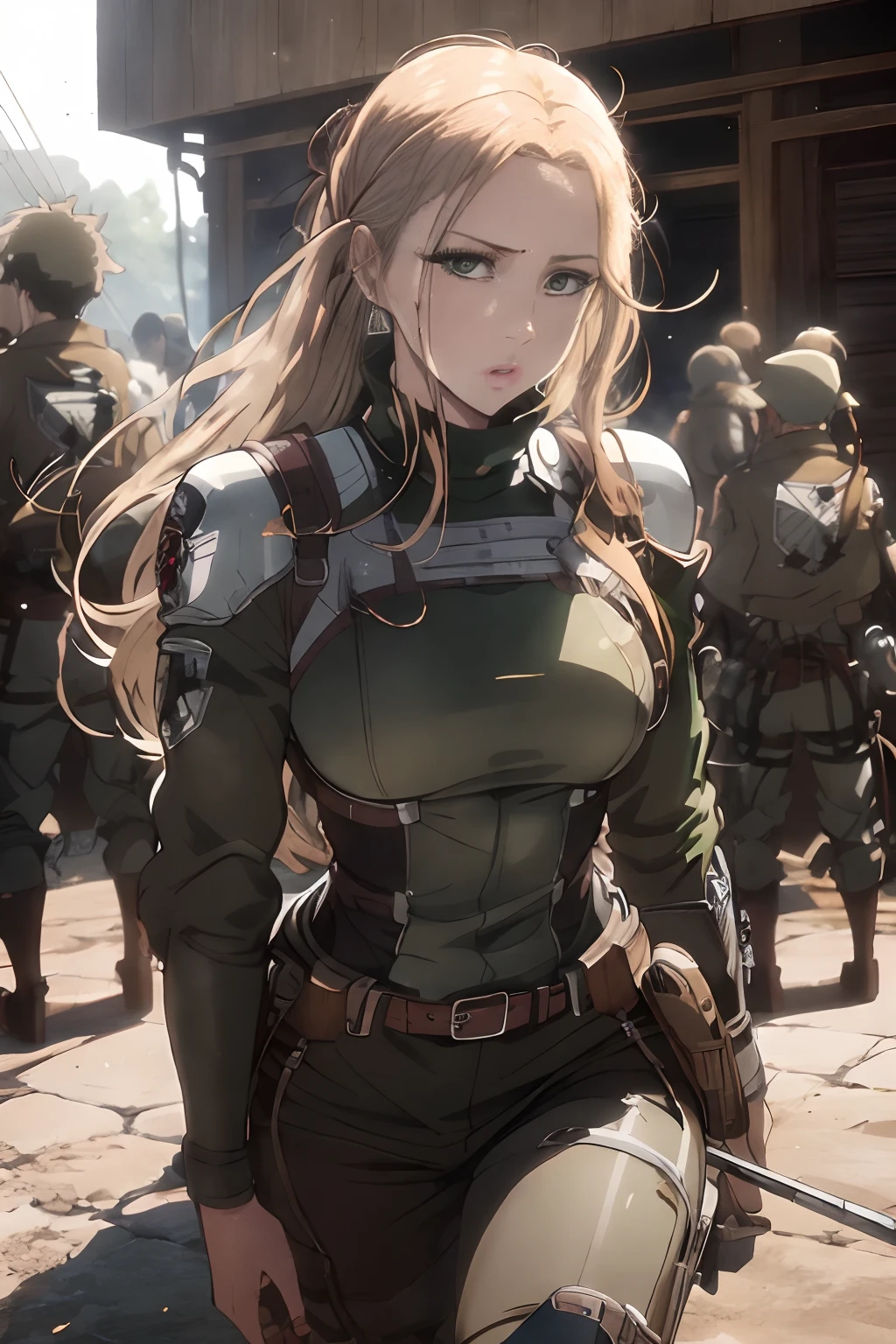 Shingeki no Kyojin, soldiers, brown-green uniform, full body, long hair waving in wind, round breasts, long legs, metal carved top, detailed eye, strong sense of three-dimensional, by Hayao Miyazaki or Chesley Bonestell for the cover of Heavy Metal magazine, equipment enables the user to fight in a 3D space as opposed to a 2D one. The equipment itself takes the form of a body harness that encompasses much of the body below the neck. Although the equipment can grant a skilled user tremendous mobility, it is a demanding art that requires strength, and skill, both of which must be honed through constant practice. Some tools involved in the apparatus include: Hand grips and Piston-shot