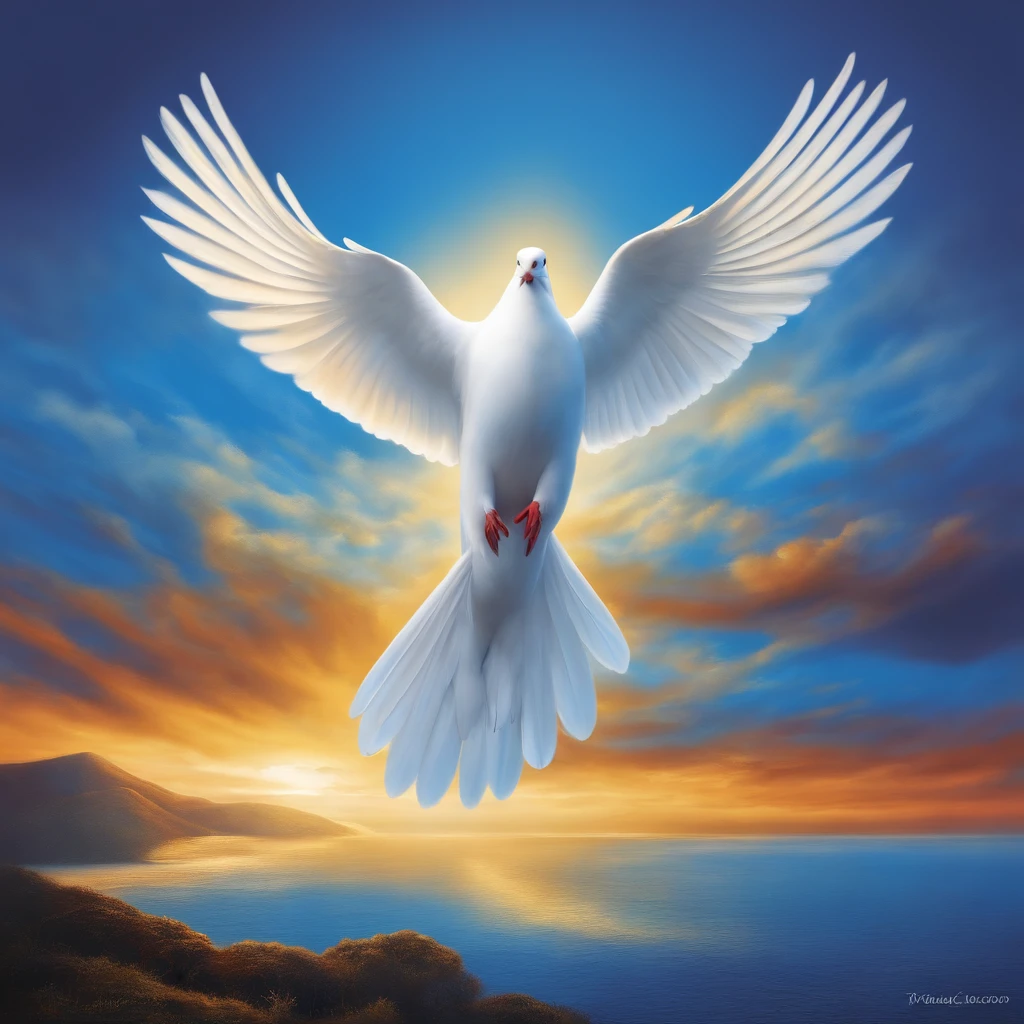 Dove representing the Holy Spirit, blue background, descending from the sky, religion, painting style, lights