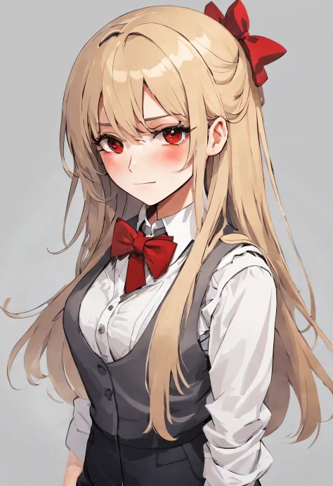 blonde girl with long hair, brown eyes, wearing white dress shirt, red bow tie, black pants and gray vest
