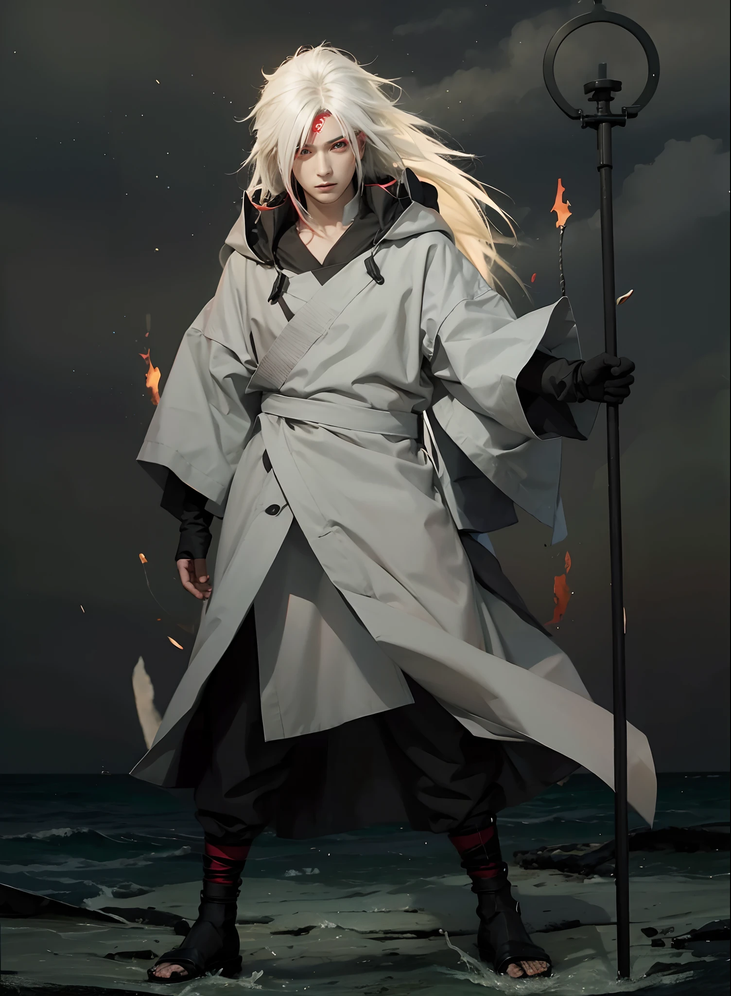 1male, uchiha madara in anime naruto, long hair , black hair, red eyes, handsome, red clothes, realistic clothes, detail clothes, beach city background, ultra detail, realistic