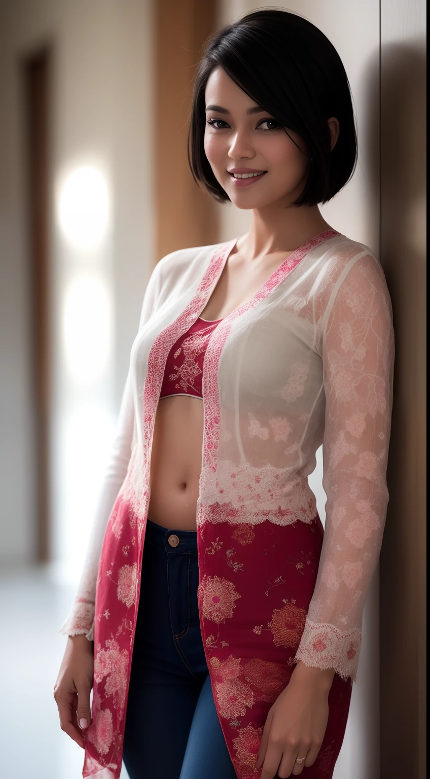 A close up of a woman in a pink and white top and jeans - SeaArt AI