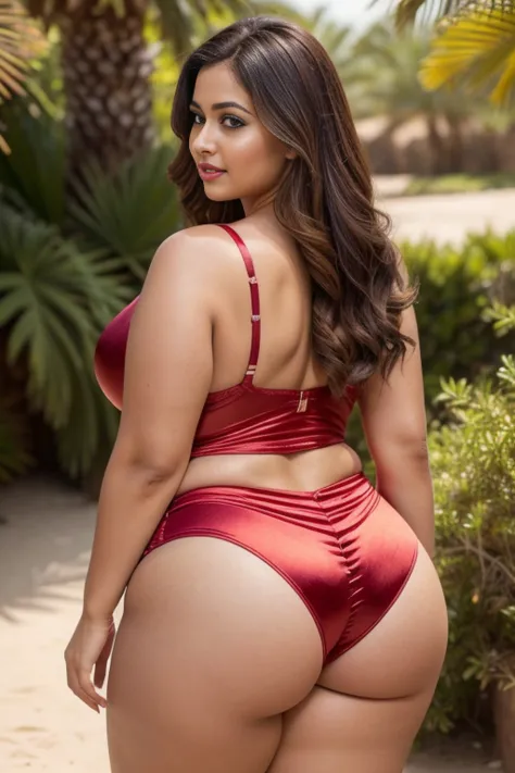 plus size woman, chubby, thick waist, (best quality,8k,photo-realistic:1.37),exotic locations, erotic photoshoot,pakistan woman, curvy, ((red shiny satin outfit)), ,curvy,detailed,desert oasis,beautiful sunset,golden hour lighting, jewelry,flowing hair,con...