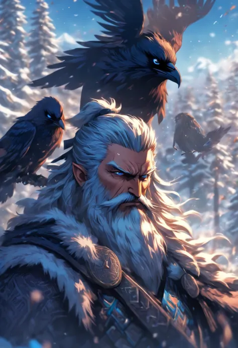 the best quality, very high resolution, detailed 4K CG, master piece, Odin, Norse god, elderly, eye patch, two ravens, rune tatt...