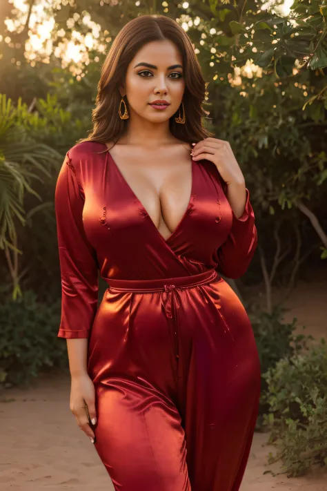 plus size woman, chubby, thick waist, (best quality,8k,photo-realistic:1.37),exotic locations, erotic photoshoot,pakistan woman, curvy, (red shiny satin outfit), ,curvy,detailed,desert oasis,beautiful sunset,golden hour lighting, jewelry,flowing hair,confi...