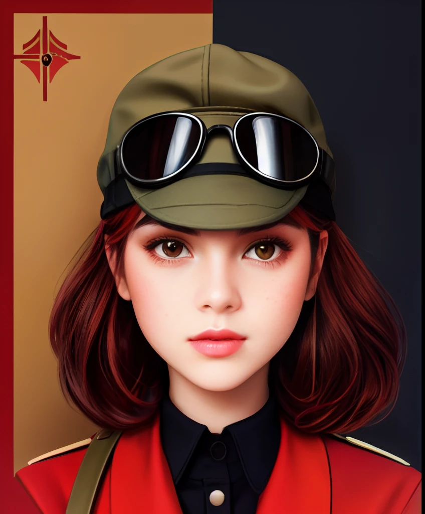 Un dibujo de una mujer aviadora de la Segunda Guerra Mundial con gorro de aviador americano de cuero y gafas de aviador,official illustration of the character,  character illustration, Retrato detallado del personaje, Retrato conceptual del personaje, pelirroja, cabello rojo, ojos verdes, rostro con pecas, pecosa, chaqueta de aviador de cuero, peinado estilo Segunda Guerra Mundial, 21 years old girl