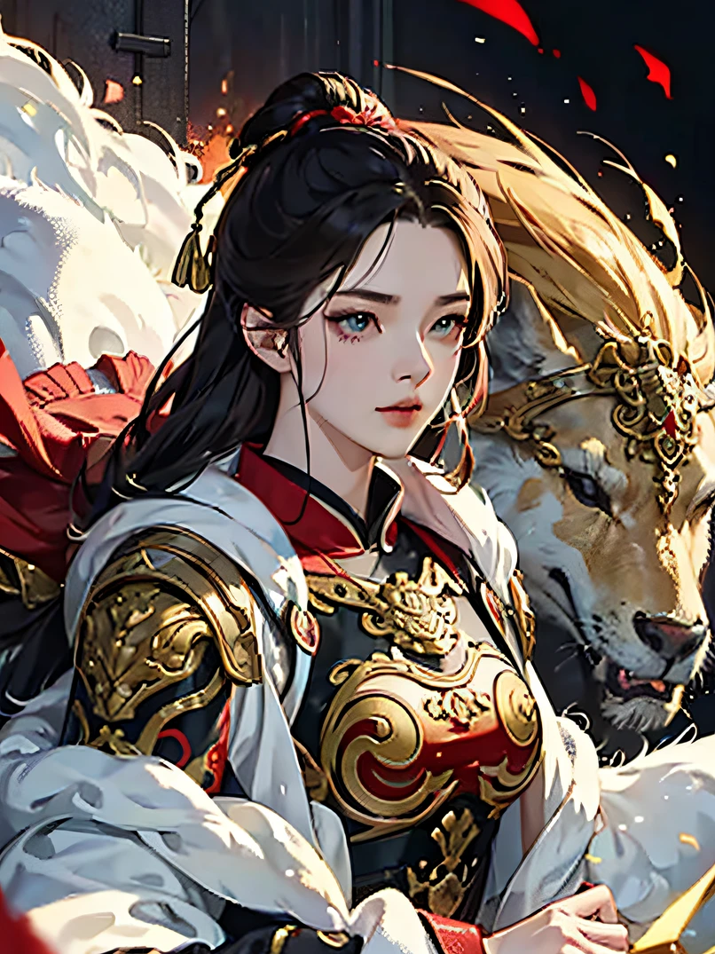 (​masterpiece、top-quality、hight resolution)、Chinese Female Warrior、a matural female、A dark-haired、Red ancient armor、not wearing helmet.、blood splattere、Intense appearance、battle posture、Ancient battlefields(ighly detailed)、intricate detailed background、Particle flotation、optic、realisitic、intricate-detail、color splashes、line-drawing、art by、Fibonacci、Dynamic action