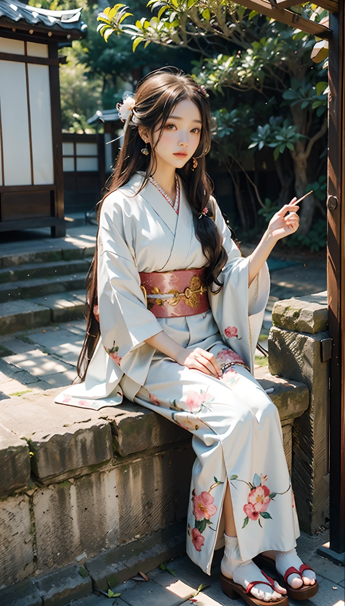 meticulous portrayal of face，1 noblewoman，Hairpins，(Camellia flower kimono)，(Long flowing colored hair)，Simple and elegant Japanese clothing，Collar，(black sock+，clogs)， s the perfect face， perfect hand， Perfect Finger， Perfect lips， perfect  eyes，Extremely normal body，Ancient Japanese town background，Perfect background