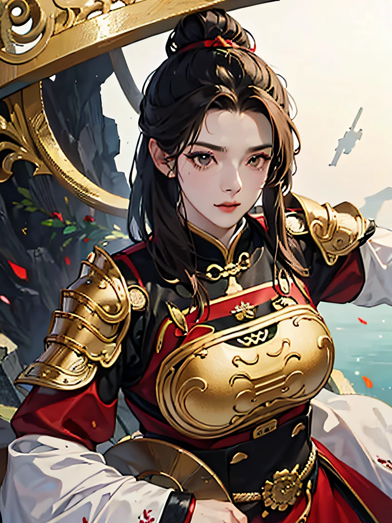 (​masterpiece、top-quality、hight resolution)、Chinese Female Warrior、a matural female、A dark-haired、Red ancient armor、not wearing helmet.、blood splattere、Intense appearance、battle posture、Ancient battlefields(ighly detailed)、intricate detailed background、Particle flotation、optic、realisitic、intricate-detail、color splashes、line-drawing、art by、Fibonacci、Dynamic action