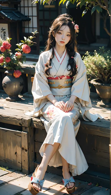 meticulous portrayal of face，1 noblewoman，hairpins，(camellia flower kimono)，(long flowing colored hair)，simple and elegant japan...