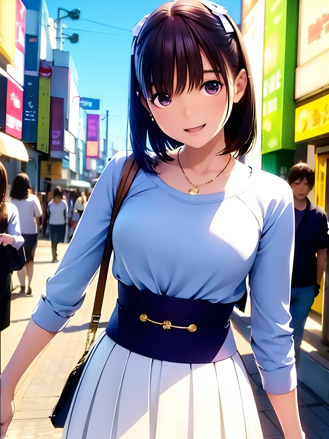 hight resolution,8K,Best Quality,detaileds,semi - realistic anime,Anime 3D Style,Smooth Anime CG,1 girl in,20 year old woman in Japan,slim,modeled,shiny chestnut hair,Medium Hair,Detailed face,Beautiful and detailed eyes,Glowing skin,(Long sleeve top、long  skirt),earring beautiful,a necklace,tag, with light glowing, plein air, (a street:0.8), (a person, Large crowds:1),Beautiful details sky, (dynamicposes:0.8),Hard Focus、film grains,Soft lighting,the wind,looking at the viewers,Smile with open mouth