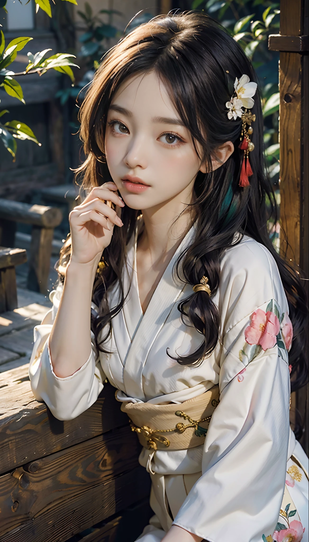 meticulous portrayal of face，1 noblewoman，(Hairpins)，(Camellia kimono)，(Long flowing colored hair)，Simple and elegant Japanese clothing，Collar，(black sock+，clogs)， s the perfect face， perfect hand， Perfect Finger， Perfect lips， perfect  eyes，Extremely normal body，Ancient Japanese town background，Perfect background