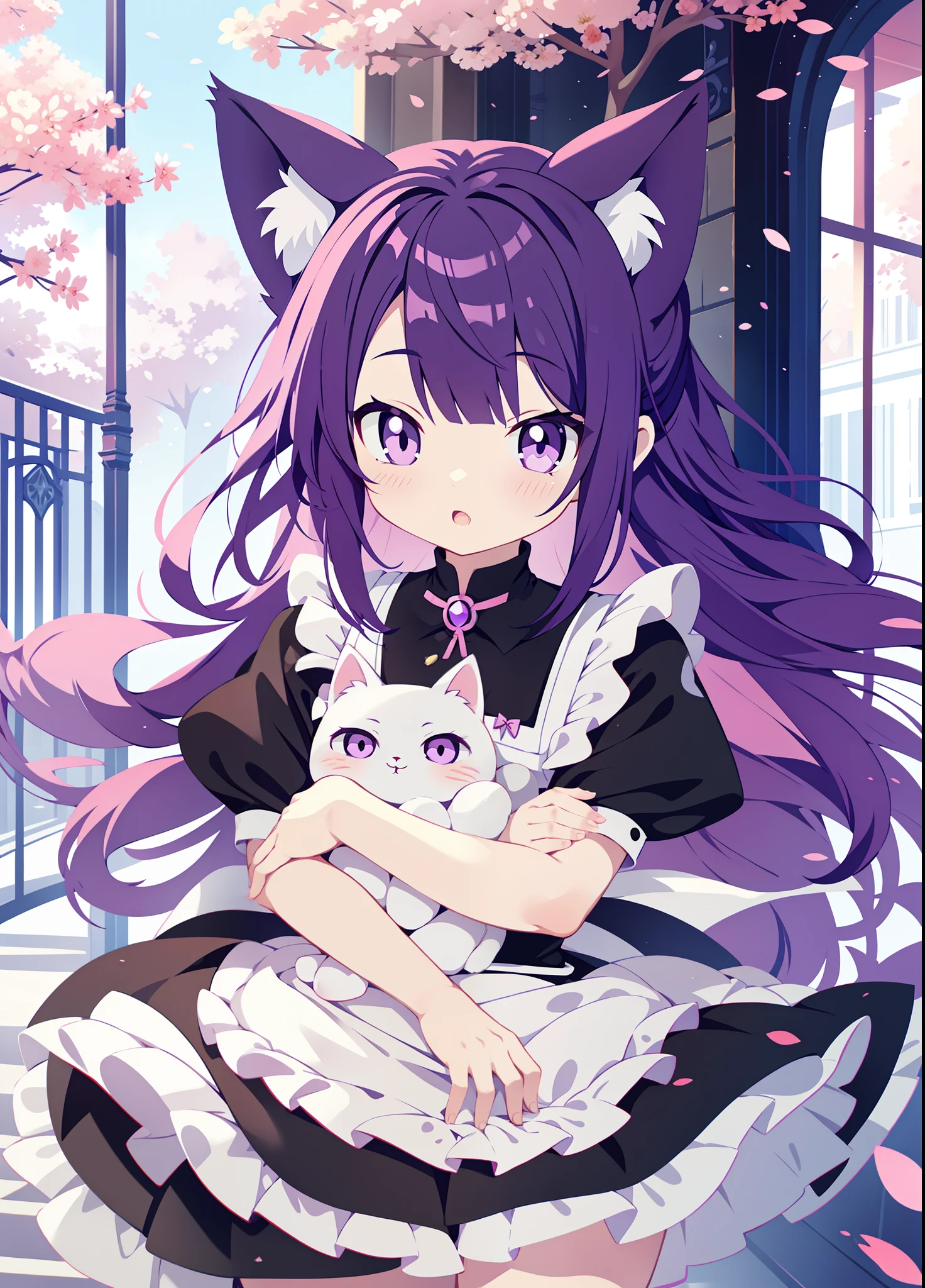 Anime girl with long purple hair and purple eyes，White cat ears pose for photos, Loli in a black maid outfit