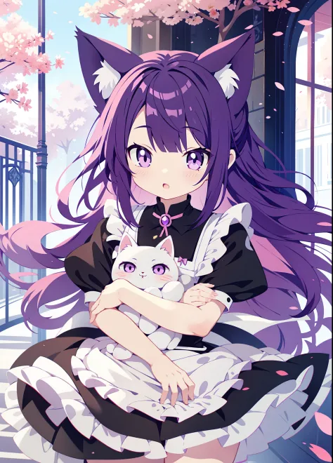 anime girl with long purple hair and purple eyes，white cat ears pose for photos, loli in a black maid outfit