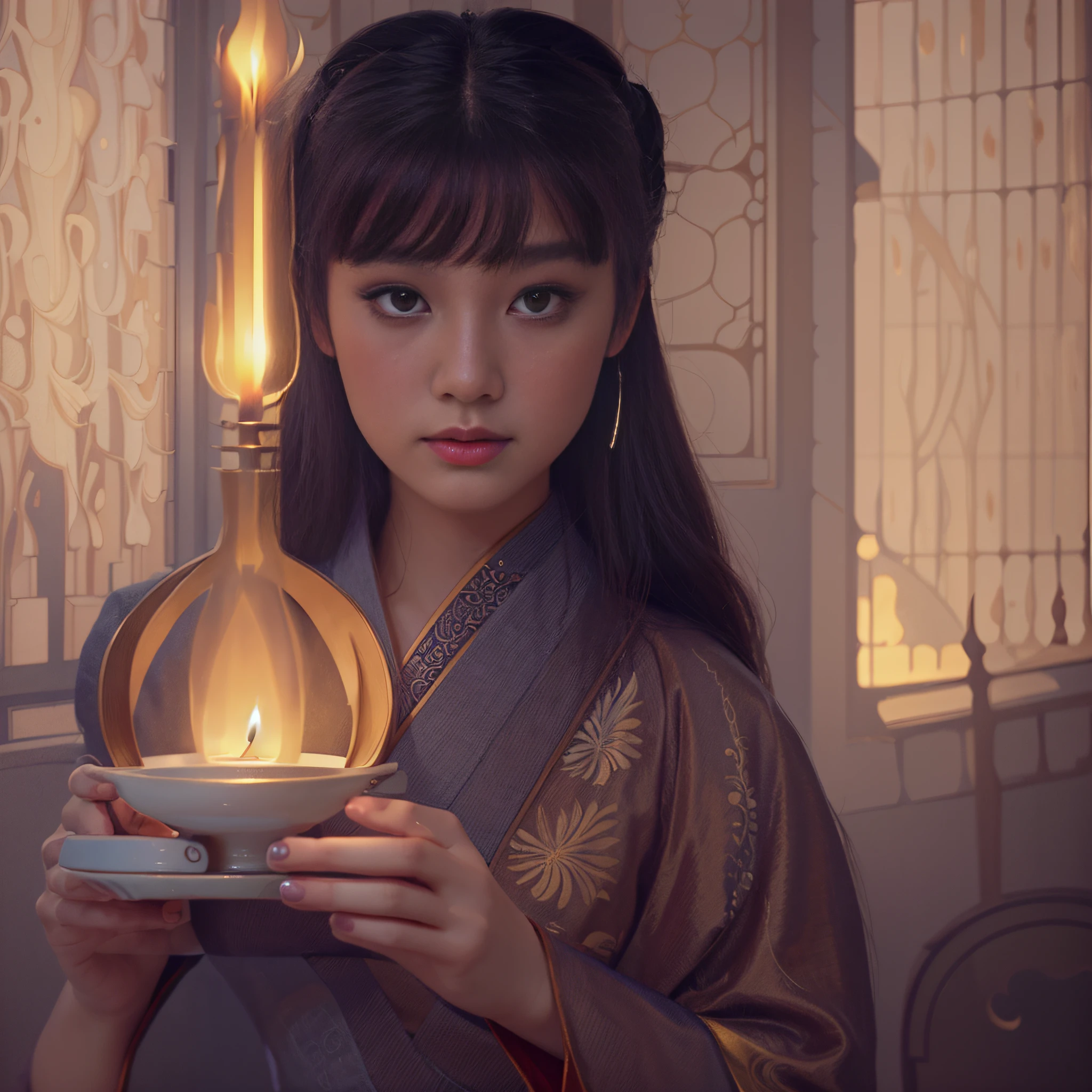 there is a woman holding a bowl with a candle in it, in style of digital illustration, exquisite digital illustration, palace ， a girl in hanfu, stunning digital illustration, a beautiful artwork illustration, inspired by Yun Du-seo, beautiful character painting, beautiful digital artwork, stylized digital illustration, beautiful digital illustration, inspired by Shin Yun-bok.