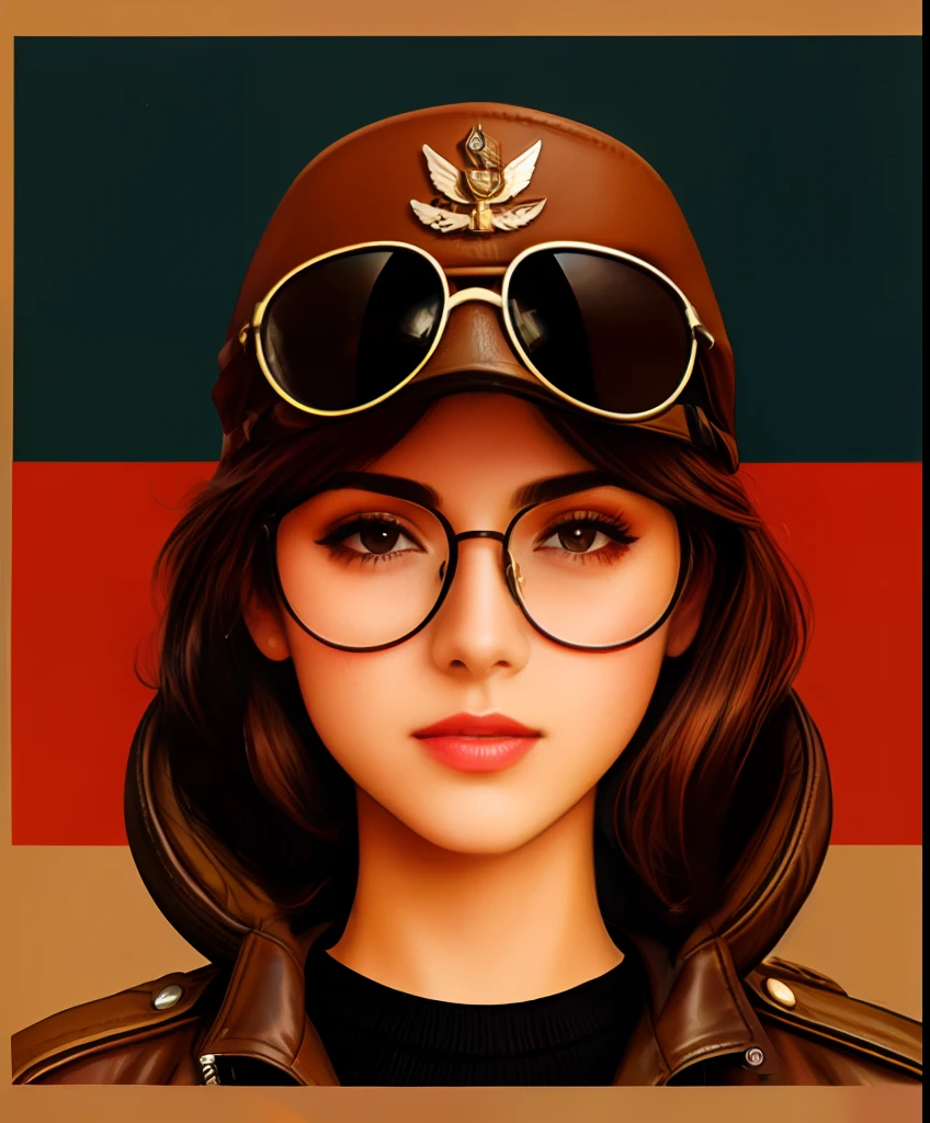 A drawing of a World War II aviator wearing a brown leather American aviator hat and aviator glasses. Retrato de chica piloto, Chica piloto, official illustration of the character,  character illustration, Retrato detallado del personaje, Retrato conceptual del personaje, pelirroja, cabello rojo vibrante, ojos verdes, rostro con pecas, muy pecosa, Brown leather aviator jacket, mono de cuero negro, peinado estilo Segunda Guerra Mundial, 21 years old girl