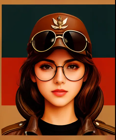 A drawing of a World War II aviator wearing a brown leather American aviator hat and aviator glasses. Retrato de chica piloto, C...