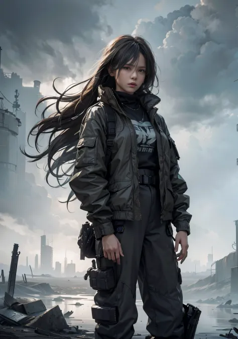 Best quality, masterpiece, highly detailed, 1 girl ,solo, beautiful, jacket, long pants, long hair, in a post apocalyptic world,...