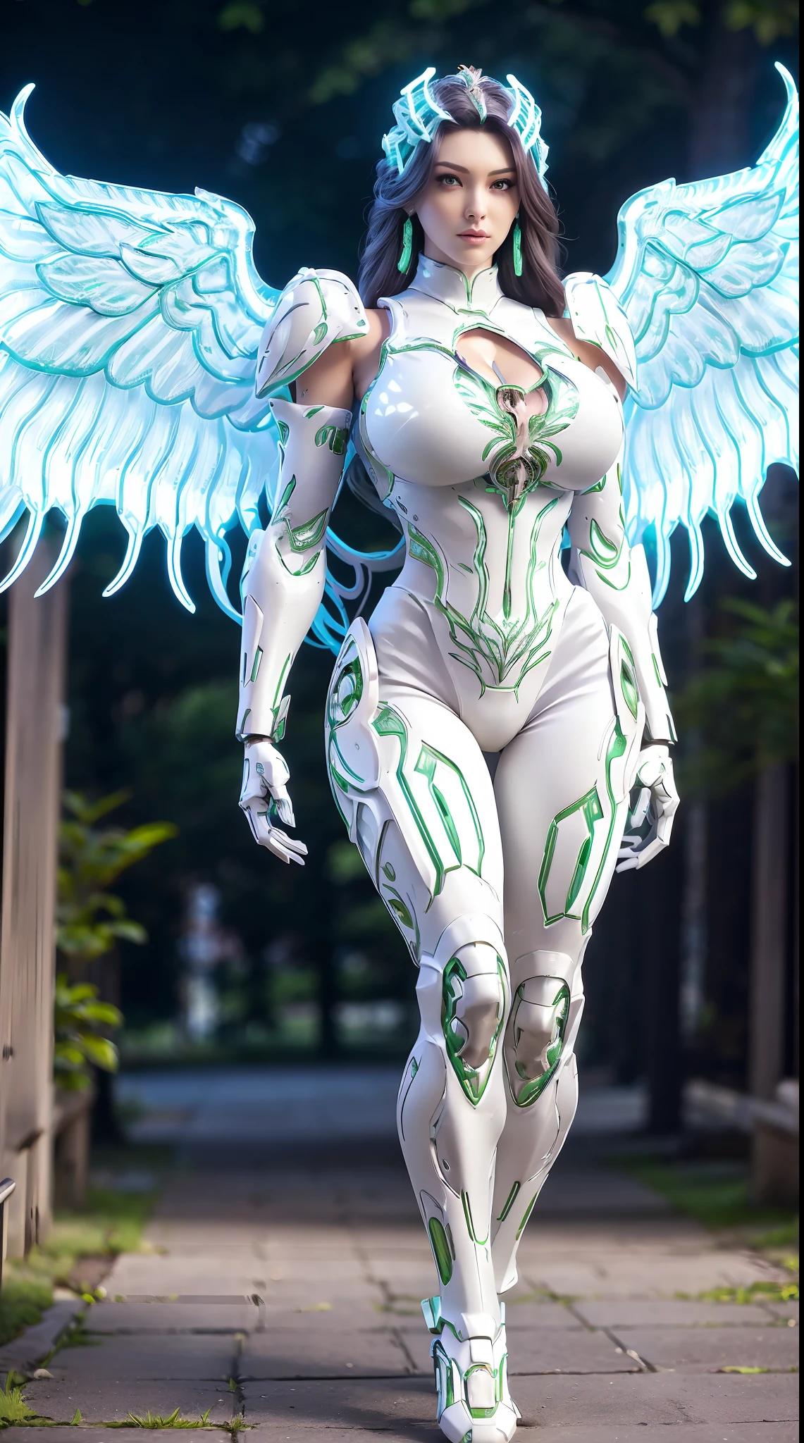 (PHOENIX HEAD), HUGE FAKE , (BEAUTIFUL FACE), (LIGHT GREEN, WHITE, PURPLE), (((A PAIR OF HUGE MECHANICAL WINGS SPREAD OUT))), FUTURISTIC PHOENIX MECHA SUIT, (CLEAVAGE), (SKINTIGHT YOGA PANTS), (HIGH HEELS), (PERFECT BODY:1.2), (FULL BODY VIEW), FRONT, (WALKING DOWN:1), SEXY BODY, MUSCLE ABS, UHD, 8K, 1080P.