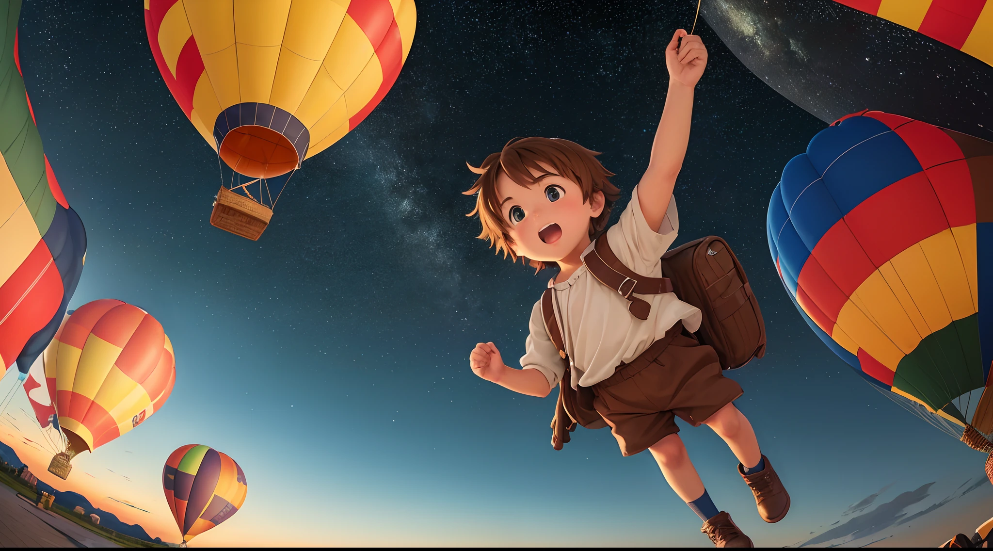 (Best quality:1.2), (masterpiece:1.2), (highly detailed:1.3)
((on board a large colored gas balloon))
1 large manned colorful gas balloon
1a younger boy, peasant, brown hair
anime style, sunset gives way to night, a starry sky above, immersive image