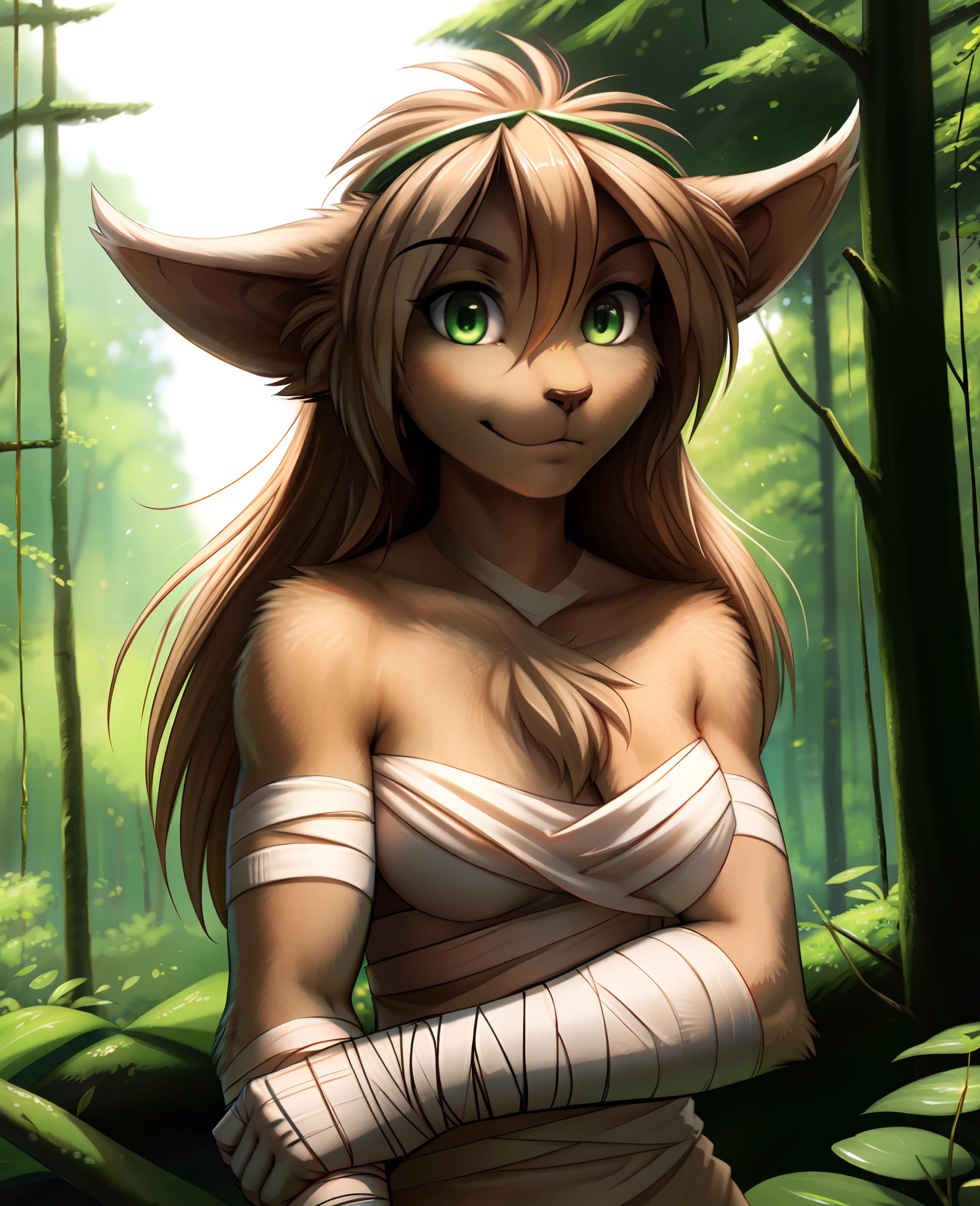 by kenket, by totesfleisch8, (by thebigslick, by silverfox5213:0.8), (by syuro:0.2), Jade_Adelaide, Adelaide, King Adelaide, (best quality, masterpiece:1), solo, furry female anthro, green eyes, wraps chest, arm wraps, long hair, light brown hair, portrait, fingers, finger claws, looking at viewer, tail, strong, (outdoors dark forest trees blurry blurred background:1.1)