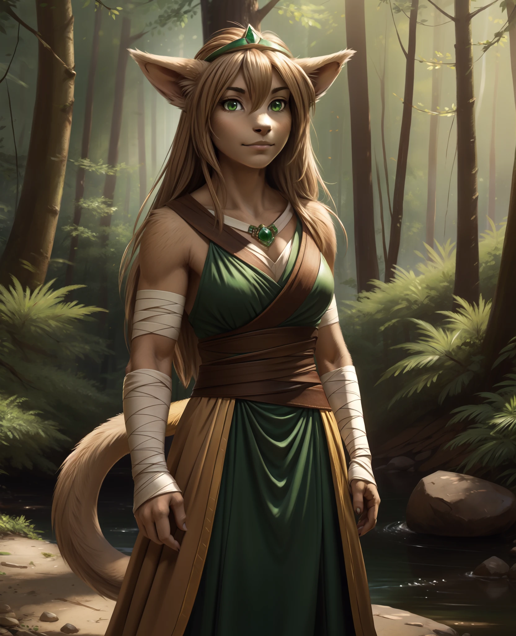 by kenket, by totesfleisch8, (by thebigslick, by silverfox5213:0.8), (by syuro:0.2), Jade_Adelaide, Adelaide, King Adelaide, (best quality, masterpiece:1), solo, furry female anthro, green eyes, wraps chest, arm wraps, long hair, light brown hair, portrait, fingers, finger claws, looking at viewer, tail, strong, (outdoors dark forest trees blurry blurred background:1.1)