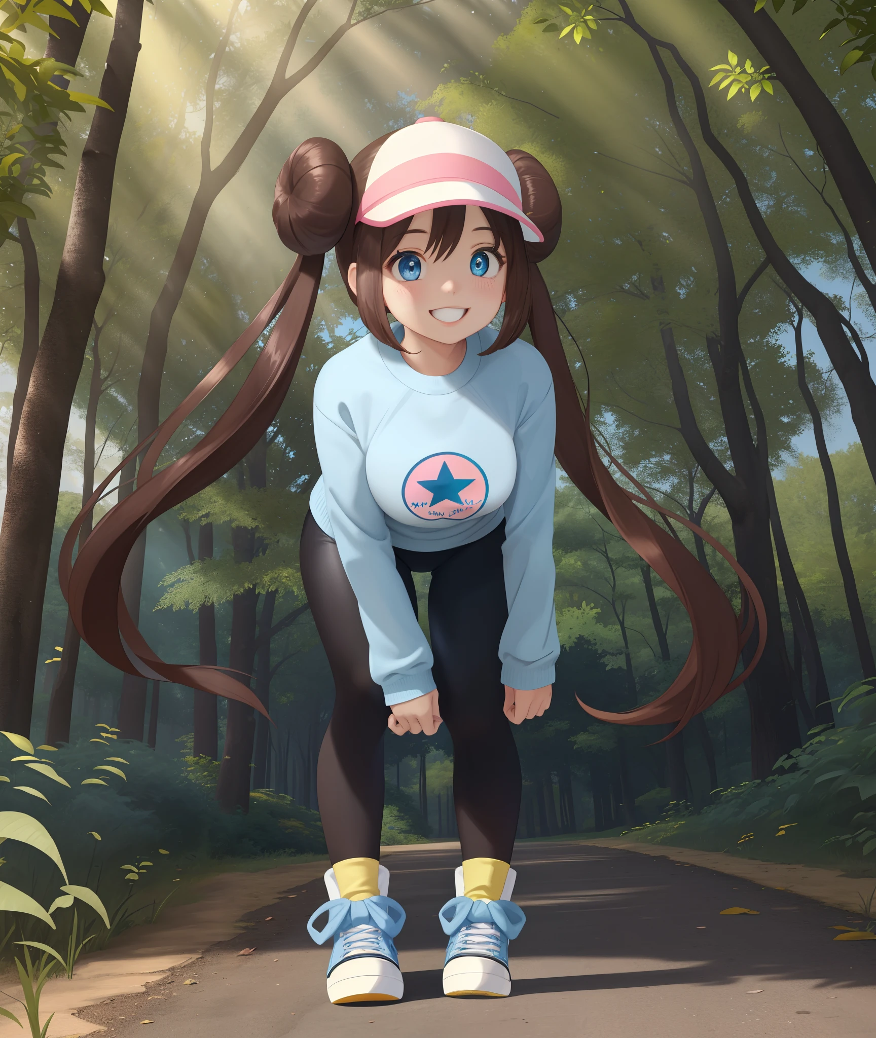 [Rosa_(Pokemon)], ((masterpiece)), ((high quality)), ((HD)), ((detailed shading)), ((beautiful solo portrait)), ((full body)), ((front view)), ((anime)), {attractive woman, brown hair, long twin tails, 2 hair buns, (beautiful blue eyes), beautiful thighs, gorgeous hips, beautiful lips, (excited smile), (white teeth)}, {(yellow long sleeve sweater), (blue sleeves), (black spandex yoga pants), (blue converse sneakers), (yellow laces), (white visor with pink brim)}, {(standing), (bending over), (hands on knees), (looking ahead)}, [background; (park), (trees), (trees), (sun rays through trees)]