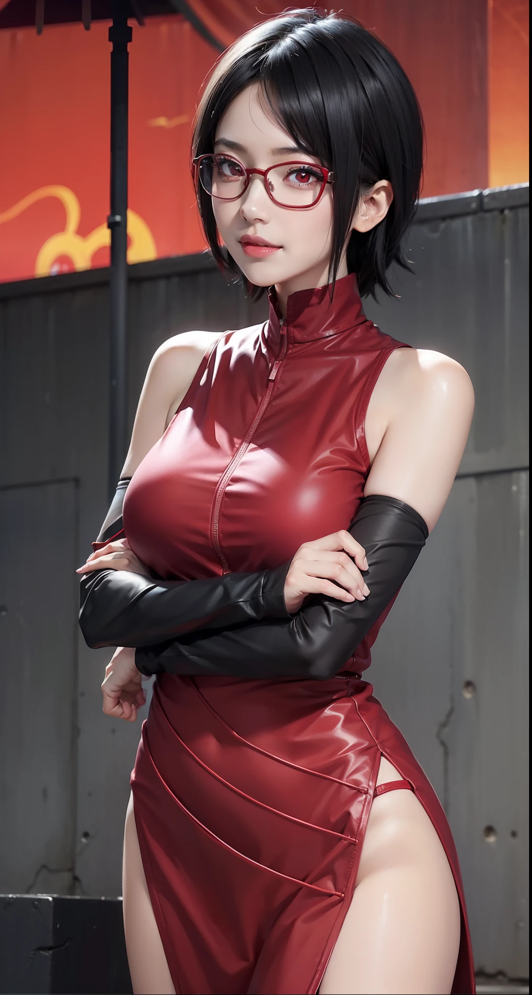 1 chica, uchiha sarada in anime boruto, cabello corto, pelo negro, ojos rojos, sonrisa, hermoso, vestido sexy, ropa sexy, ropa roja, usar lentes rojos, pecho muy grande, Realista clothes, detalle de ropa, fondo al aire libre, ultra detalle, Realista