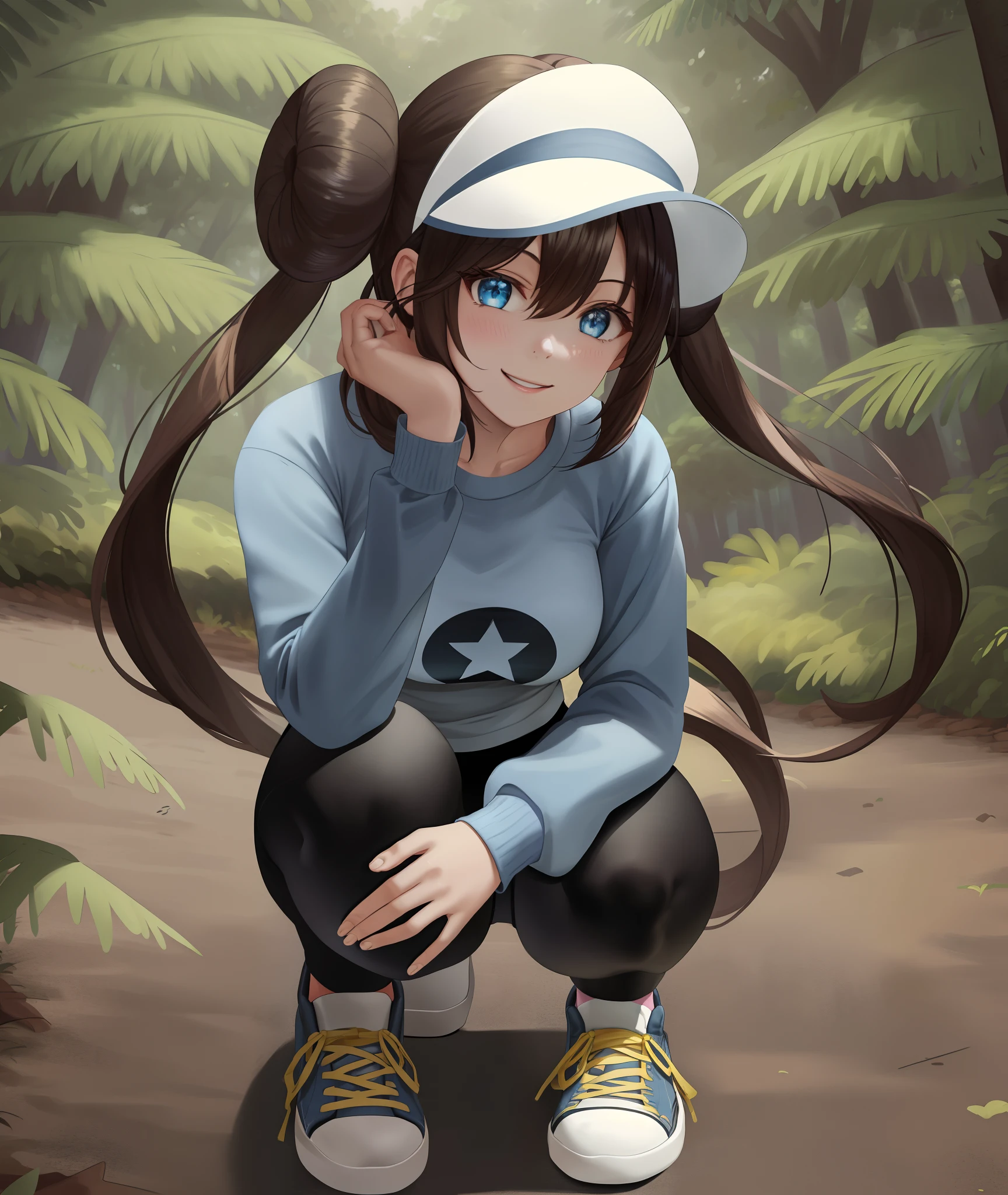 [Rosa_(Pokemon)], ((masterpiece)), ((high quality)), ((HD)), ((detailed shading)), ((beautiful solo portrait)), ((full body)), ((bird's-eye view)), ((anime)), {attractive woman, brown hair, long twin tails, 2 hair buns, (beautiful blue eyes), beautiful thighs, gorgeous hips, beautiful lips, (excited smile), (white teeth)}, {(yellow long sleeve sweater), (blue sleeves), (black spandex yoga pants), (blue converse sneakers), (yellow laces), (pink brim visor)}, {(on knees), (hands on knees), (looking up)}, [background; (park), (trees), (trees), (sun rays through trees)]