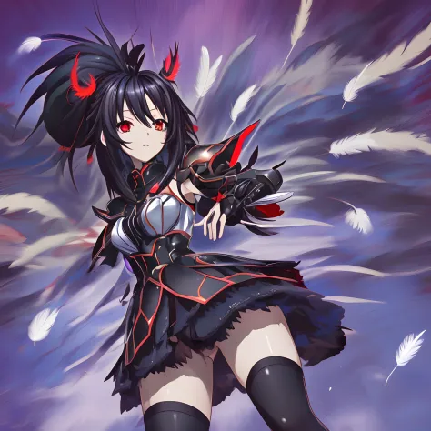 anime girl,black hair, red eyes,metallic armor, masterpiece, 4k, absurdres,yugioh style yugioh monster glowing outline ,whirlwind of feathers background, stockings