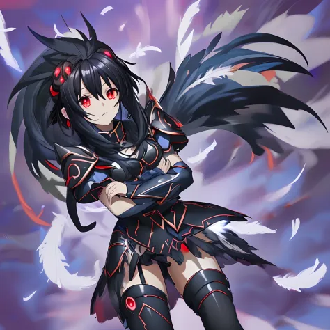 anime girl,black hair, red eyes,metallic armor, masterpiece, 4k, absurdres,yugioh style yugioh monster glowing outline ,whirlwind of feathers background, stockings
