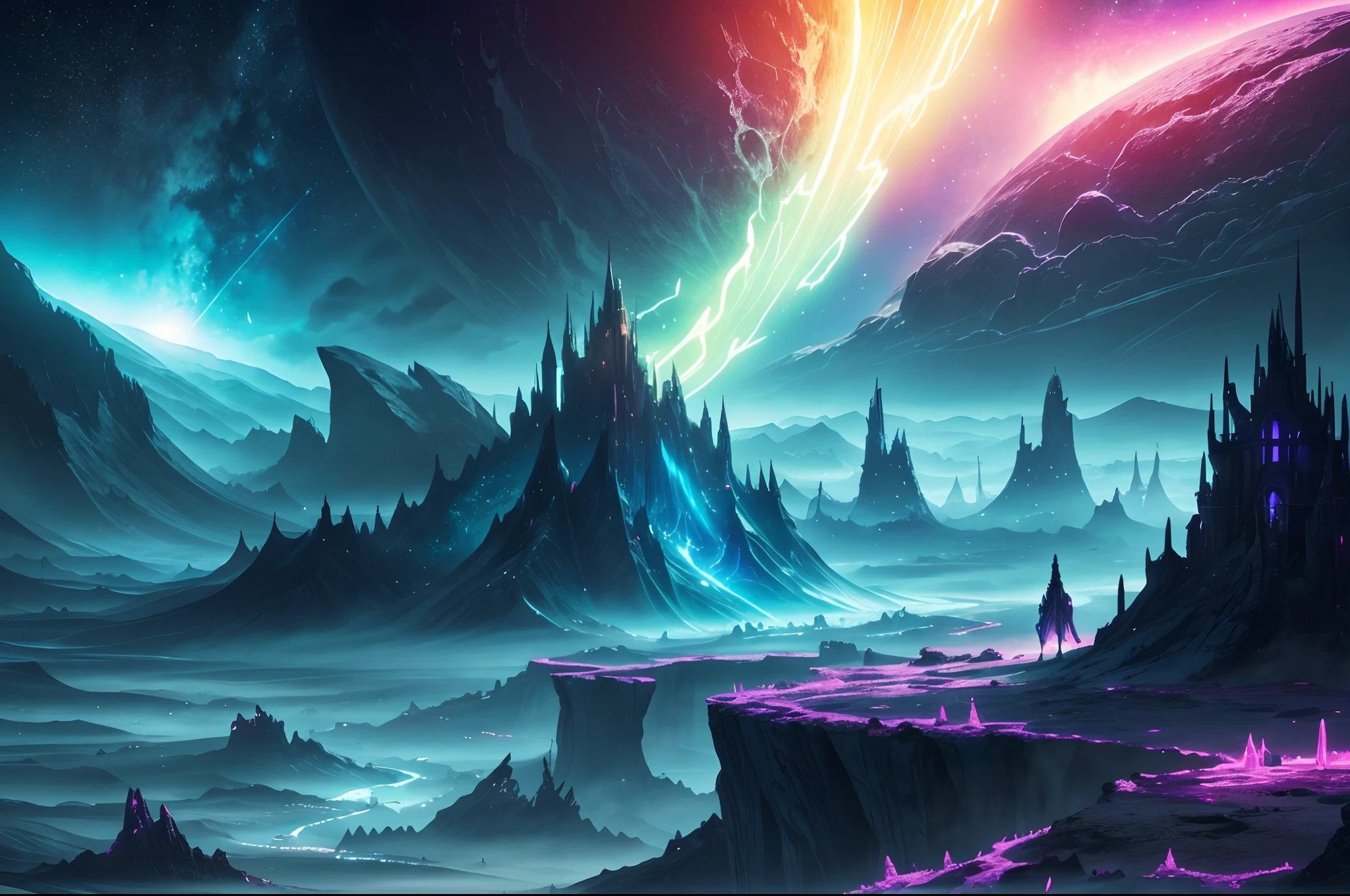 Fantasy landscape from another world. No gravity, floating objects, neon colours