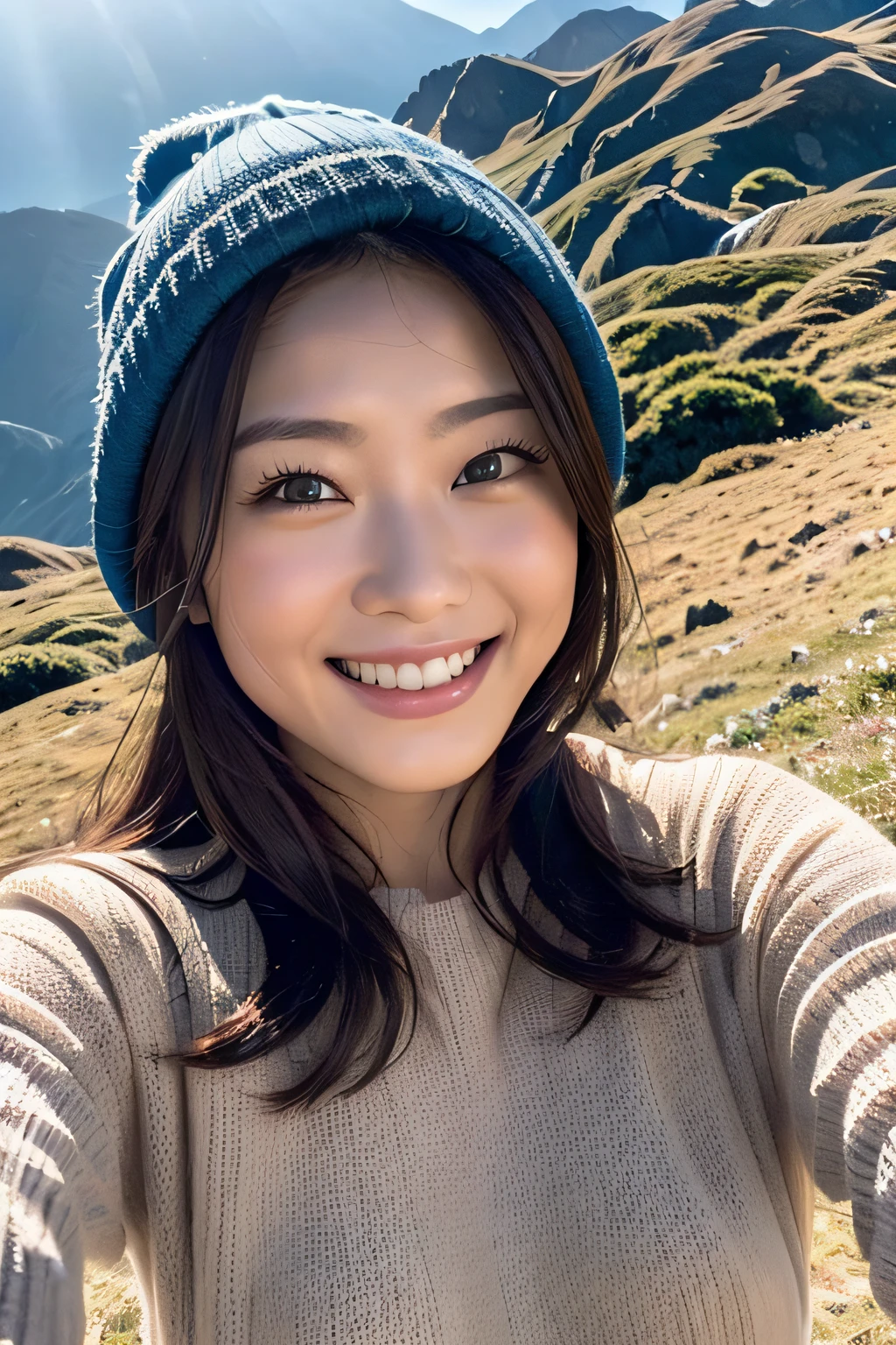 (Upper body selfie:1.3),Winter climbing,With a superb view from the summit in the background,Beautiful sunrise,Remove the beam from above,Backlighting,Generate images of beautiful women around the world,Especially while reflecting elements of Western beauty.Woman with natural smile and attractive expression,Woman with natural smile and attractive expression,Transparent skin,sparkle in eyes,Expresses an elegant atmosphere,,Solo, backpack,knit hat,Sweaters,gloves,Mountain boots,water bottle,Camping stove,kettle,mug,Single-person tent,strong wind blowing,blizzard,Hair fluttering in the storm,(The 8k quality,masutepiece,top-quality,Ultra-high resolution output image,),(Highly detailed raw photos:1.3),(Image Mode Ultra HD),