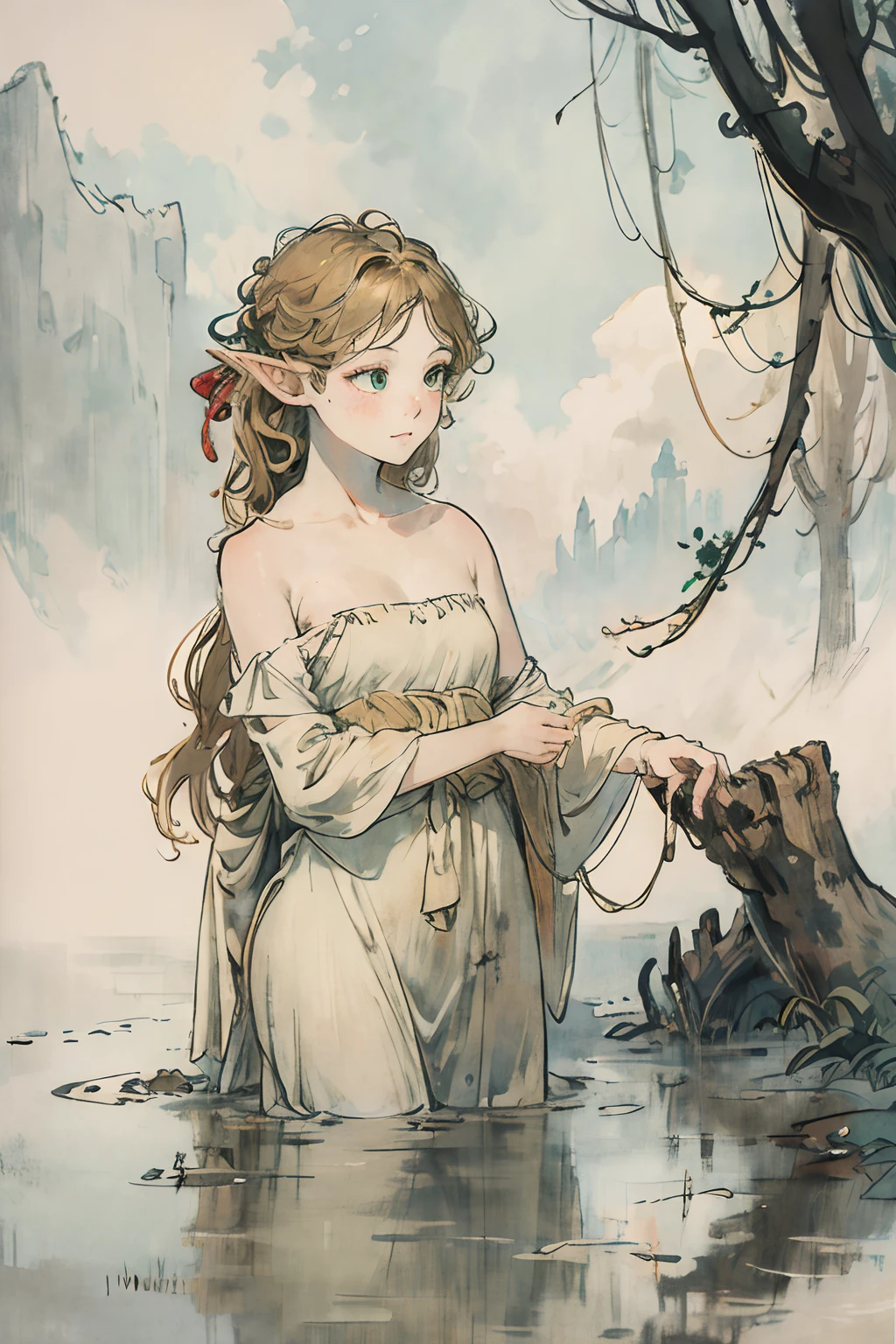 sfw,masutepiece, Best Quality, High resolution, 1girl, Full body, detail girl, detail hands, detail fingers, detail face, detail leg, 1girl, elf, looking down, dirty swamp, black sky, smog, watercolor, pale skin, petite, blonde hair, long hair, wavy hair, woe, sad smile, green eyes, tareme, medium breasts, white sundress, bare back, pray