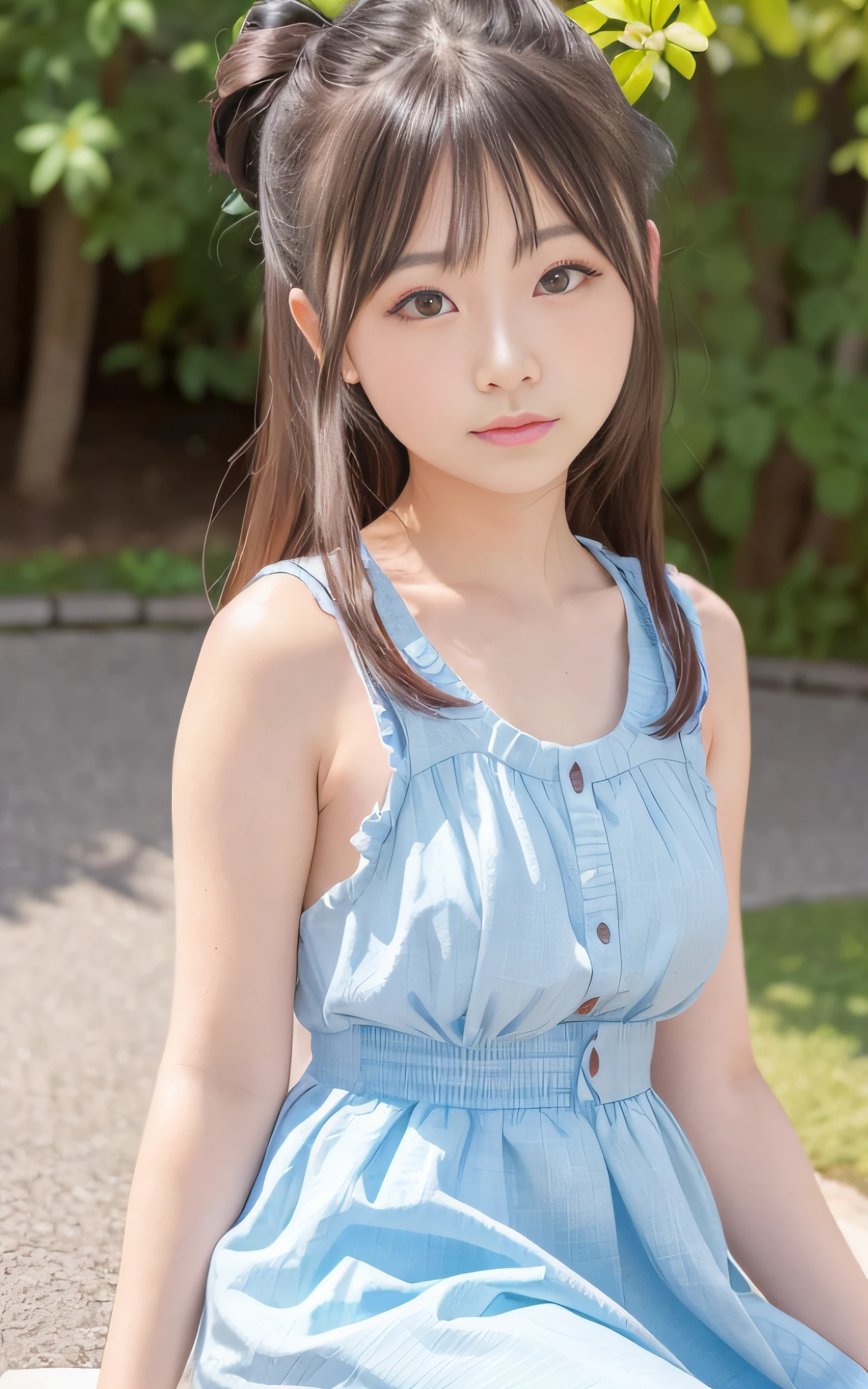 20yr old, japanaese girl, Summer dress, (Face Focus) , hair scrunchie ...