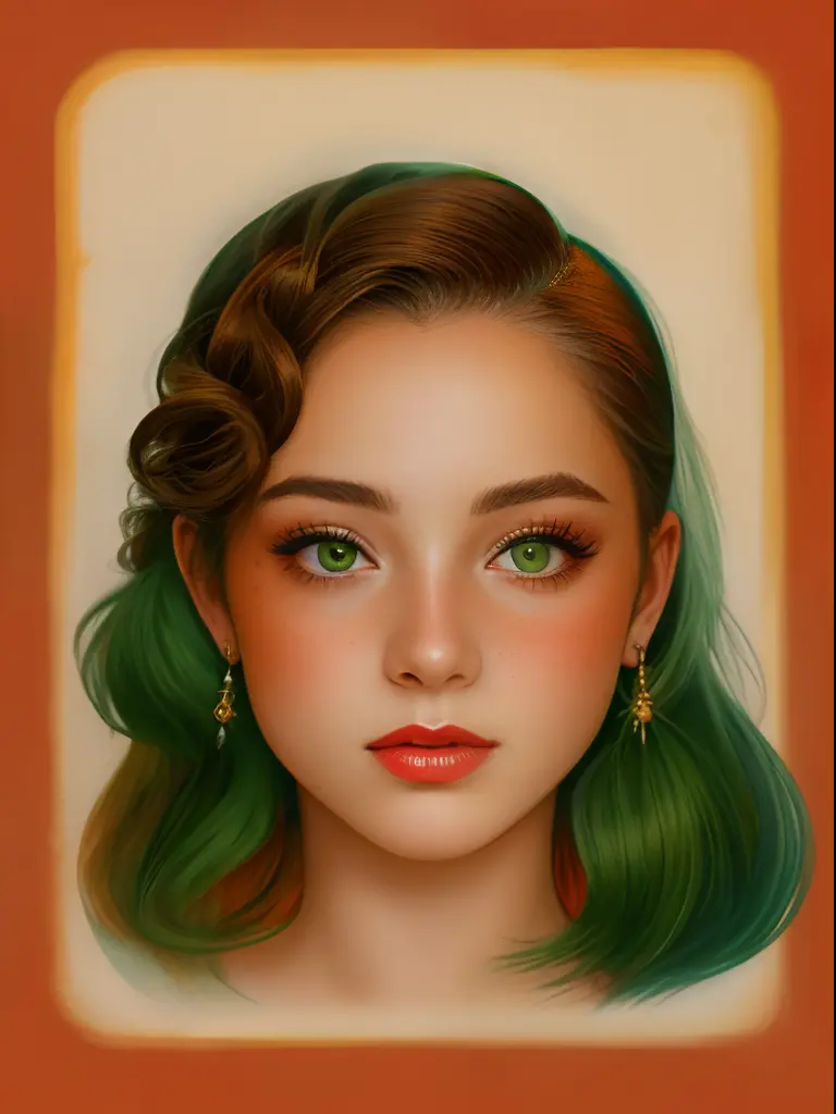 A drawing of a 21-year-old girl with a hairstyle from 1939, pelirroja, de ojos verdes, piel clara, con pecas en el rostro, pecos...