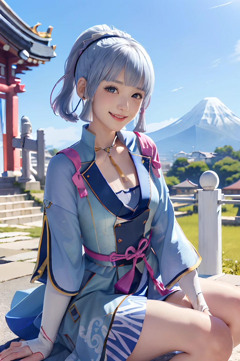 Kamisato Ayakabom, Whole body, sit, Smile, blush, plein air, Daytime, Simple background, Blue sky, Short hair, skyporn, temple, Look at viewers, Mountain sitting on the stairs々, capricious light, Silver Shape, Smiling Woman,