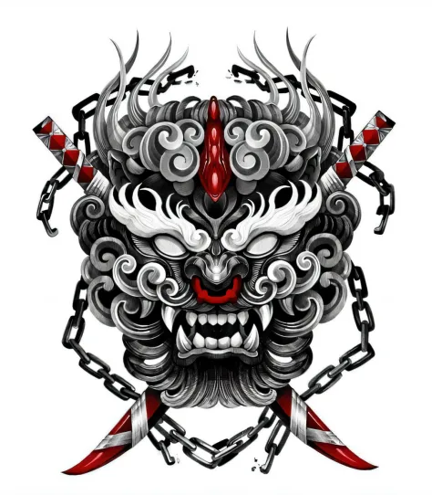 A devil with chains and a beard, devil samurai mask, samurai chain ink undead, symmetrical!! A portrait of Akuma, oni mask, Asura from Chinese mythology, samurai mask, created by Kanō Tan'yū, Japanese art on Behance, samurai wearing a devil mask, samurai w...