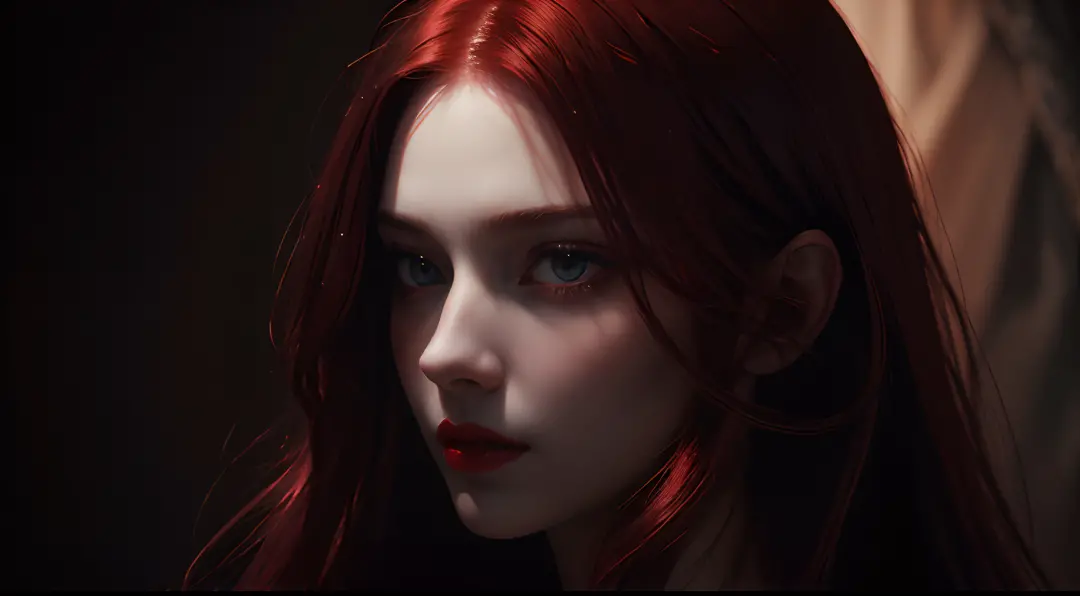 beautiful redhead, darkness, portrait, oil painting, intense gaze, long flowing hair, pale skin, vibrant red lips, mysterious atmosphere, dramatic lighting, high contrast, fine brush strokes, hauntingly beautiful, emotive expression, ethereal presence, viv...