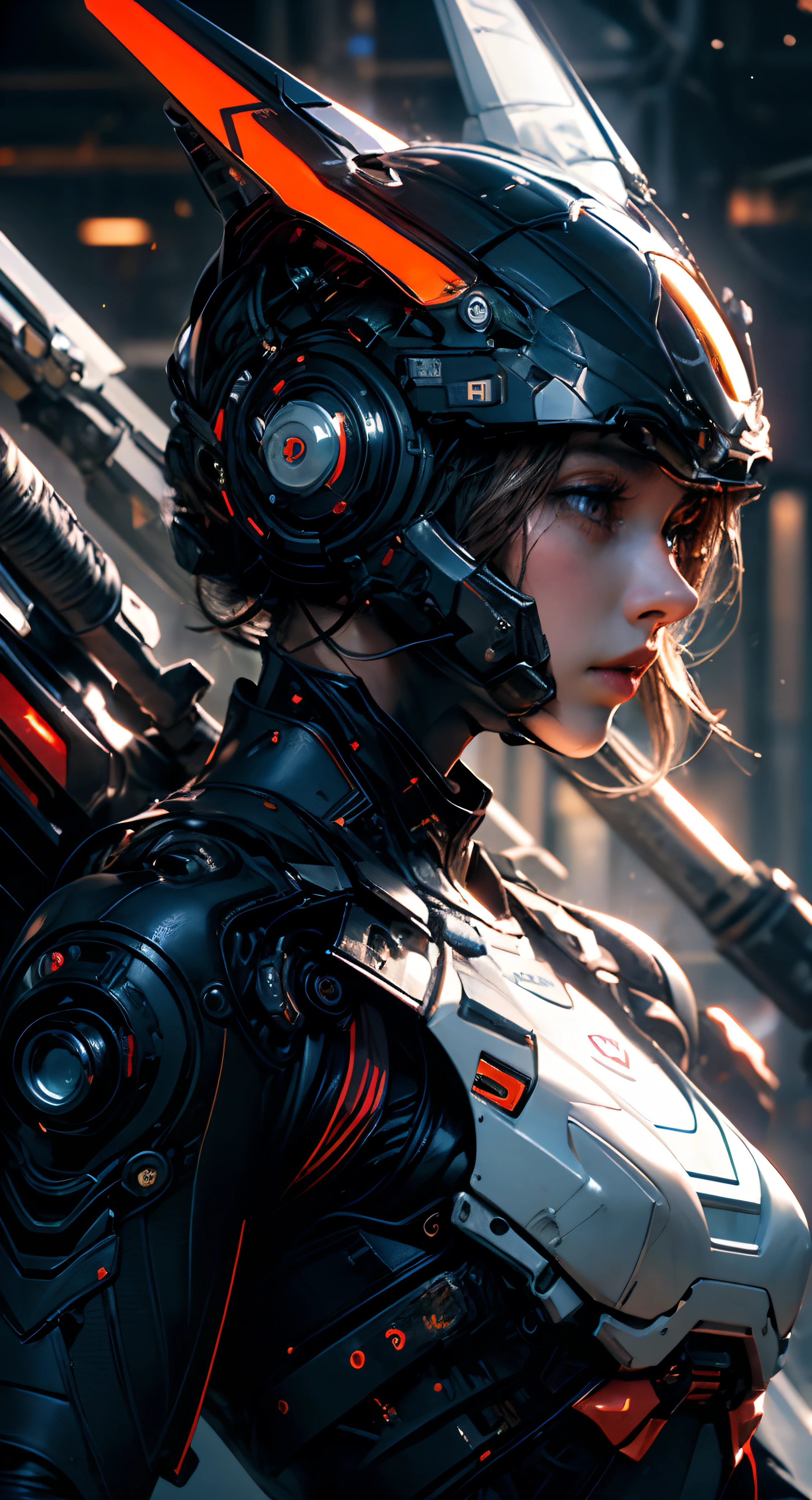 cgmech, Beaux yeux, haut du corps, sous les seins, portrait, robot,armure blanche et orange, cheveux noirs chatoyants, Néon, 8k, BRUT, Meilleure qualité, chef-d&#39;œuvre, ultra haute résolution, Coloré, (plan moyen large), (perspective dynamique), netteté , (profondeur de champ, bokeh:1.3), yeux et visage extrêmement détaillés, Beaux yeux détaillés,gros seins,(or noir, équipement garni:1.2),(Dans une usine d&#39;armes futuriste:1.2), ((chef-d&#39;œuvre, Meilleure qualité)), contexte détaillé, intérieur du vaisseau spatial