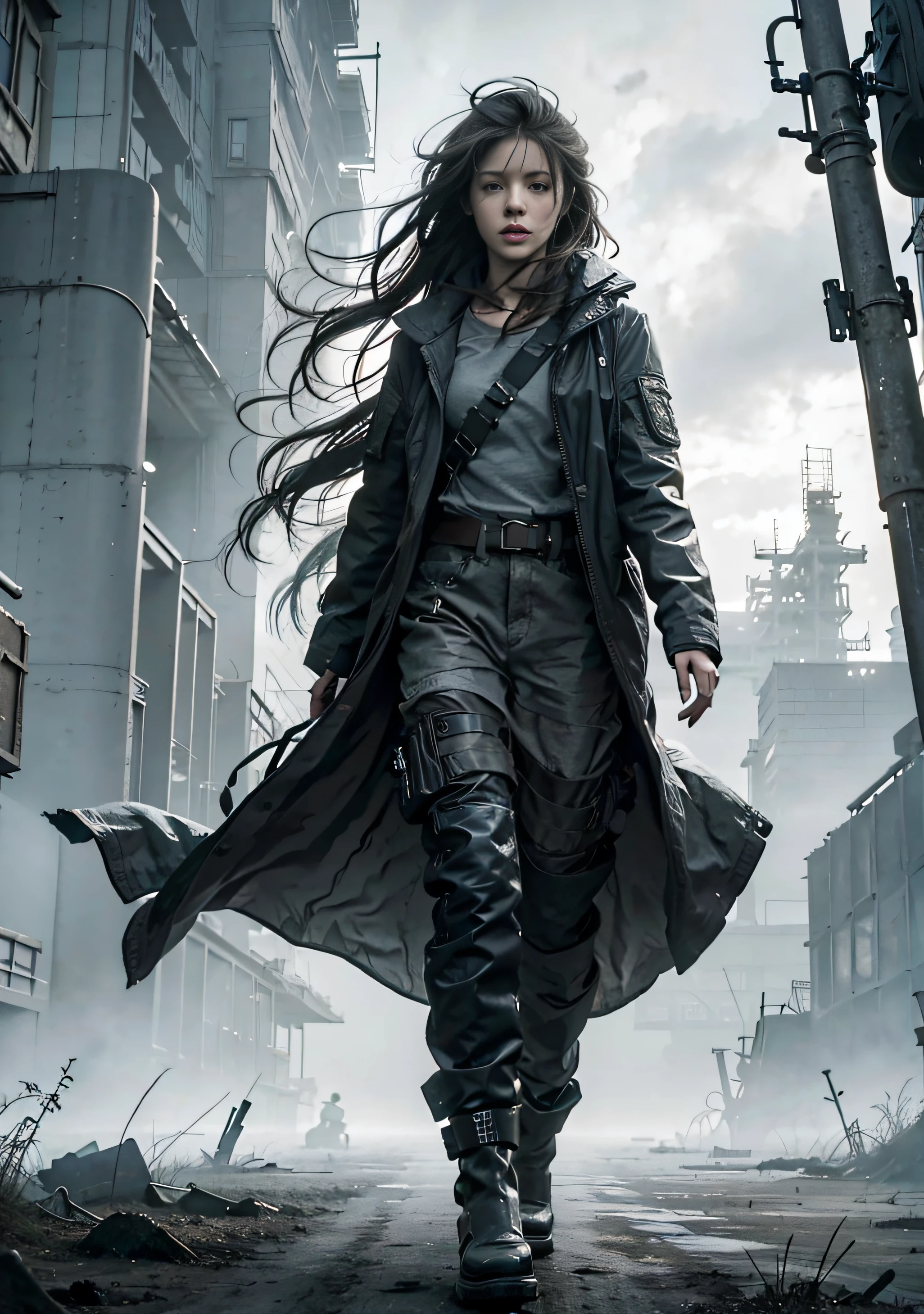 Best quality, masterpiece, highly detailed, 1 girl ,solo, beautiful, jacket, long pants, long hair, in a post apocalyptic world, massive landscape, grey clouds, no grass, hideo kojima style, gloomy atmosphere, windy, foggy, mysterious, main palette is grey