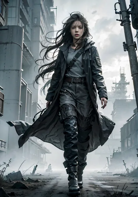 Best quality, masterpiece, highly detailed, 1 girl ,solo, beautiful, jacket, long pants, long hair, in a post apocalyptic world,...