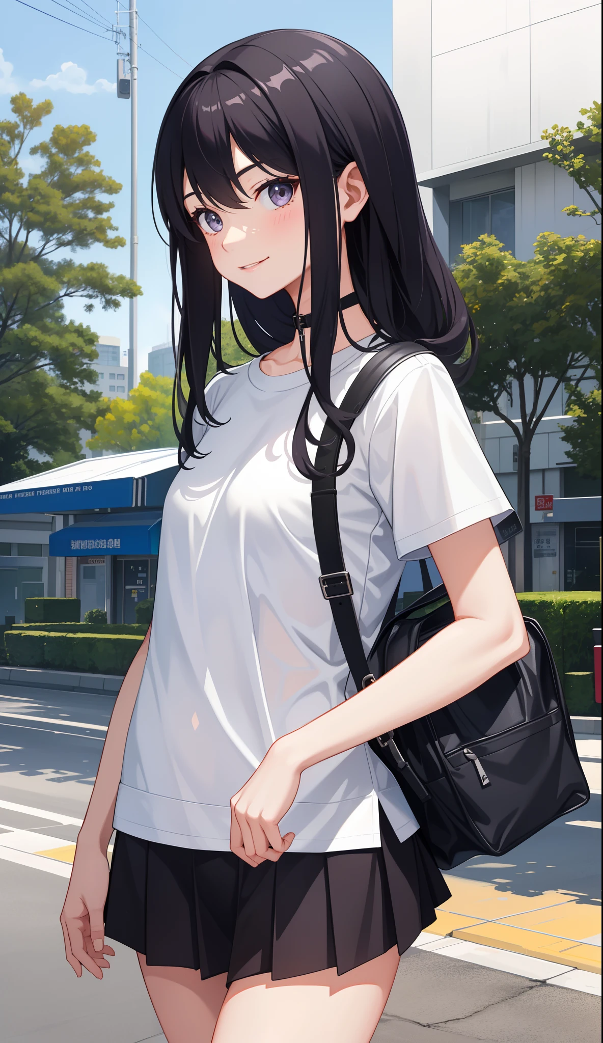 Anime girl with black hair and white shirt walking down the street - SeaArt  AI