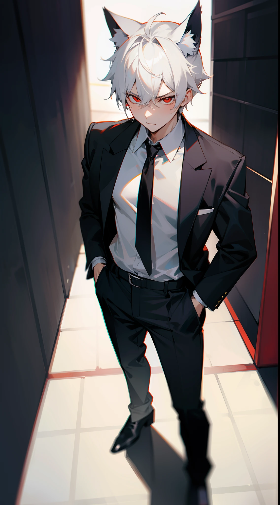 Anime character in a suit and tie standing in a hallway - SeaArt AI