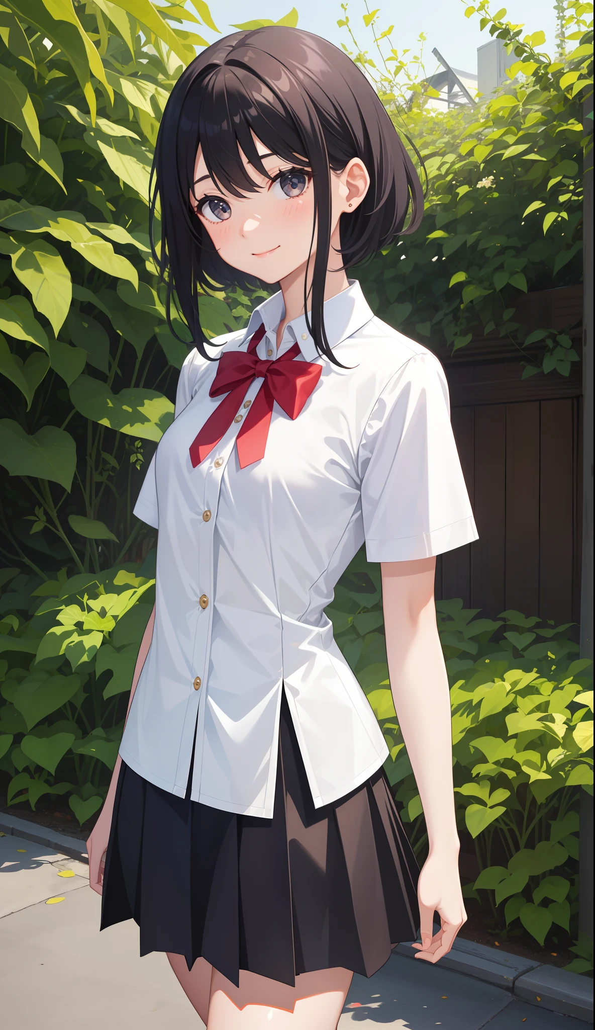 Anime girl in a school uniform standing in front of a bush - SeaArt AI